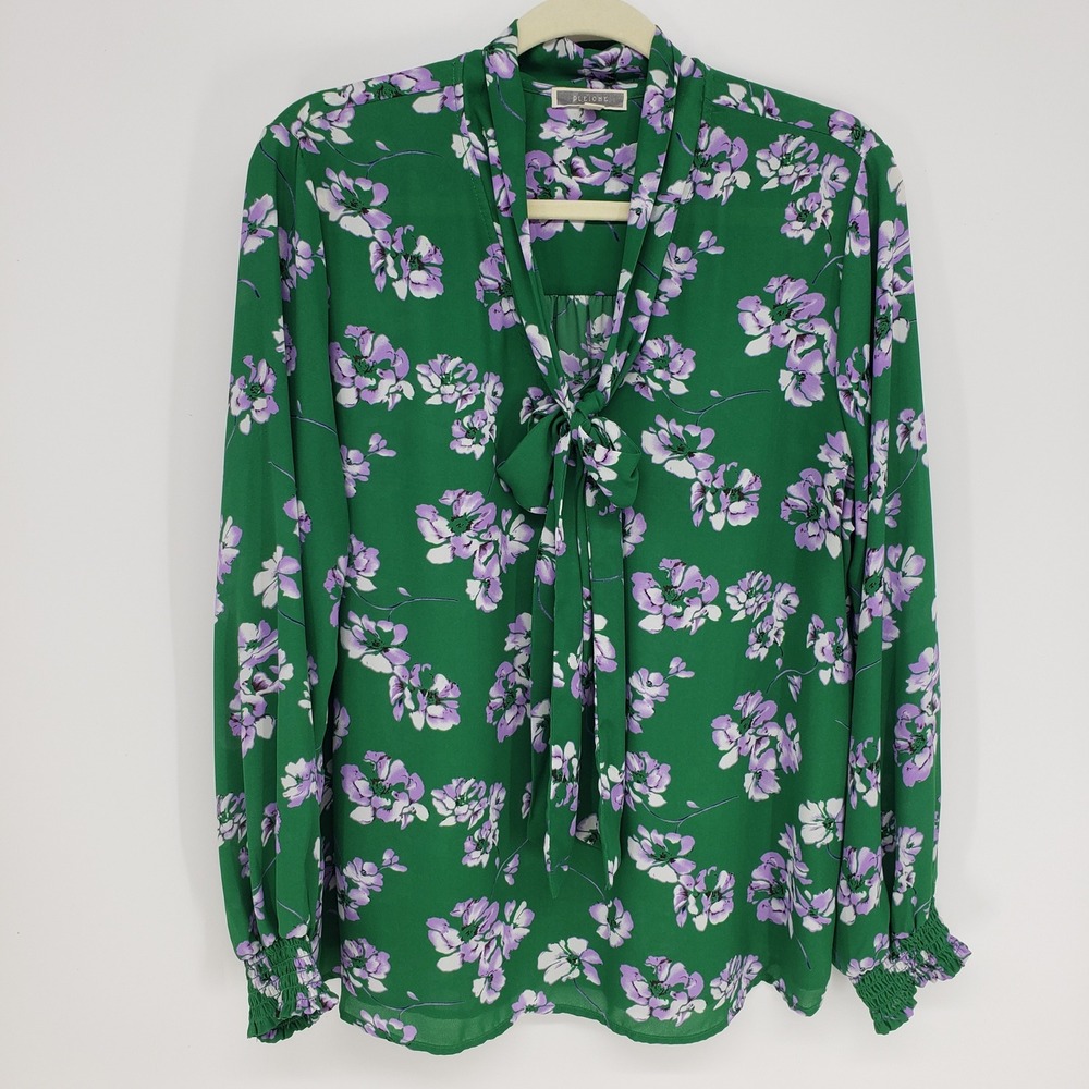 Pleione Floral Tie Neck Blouse Womens XL Green Purple Long Sleeve Smocked Cuff
